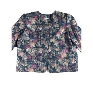 VTG Jacket Blouse Floral Pattern Gold‎ Buttons Dark Blue Purple 40 20W Large XL